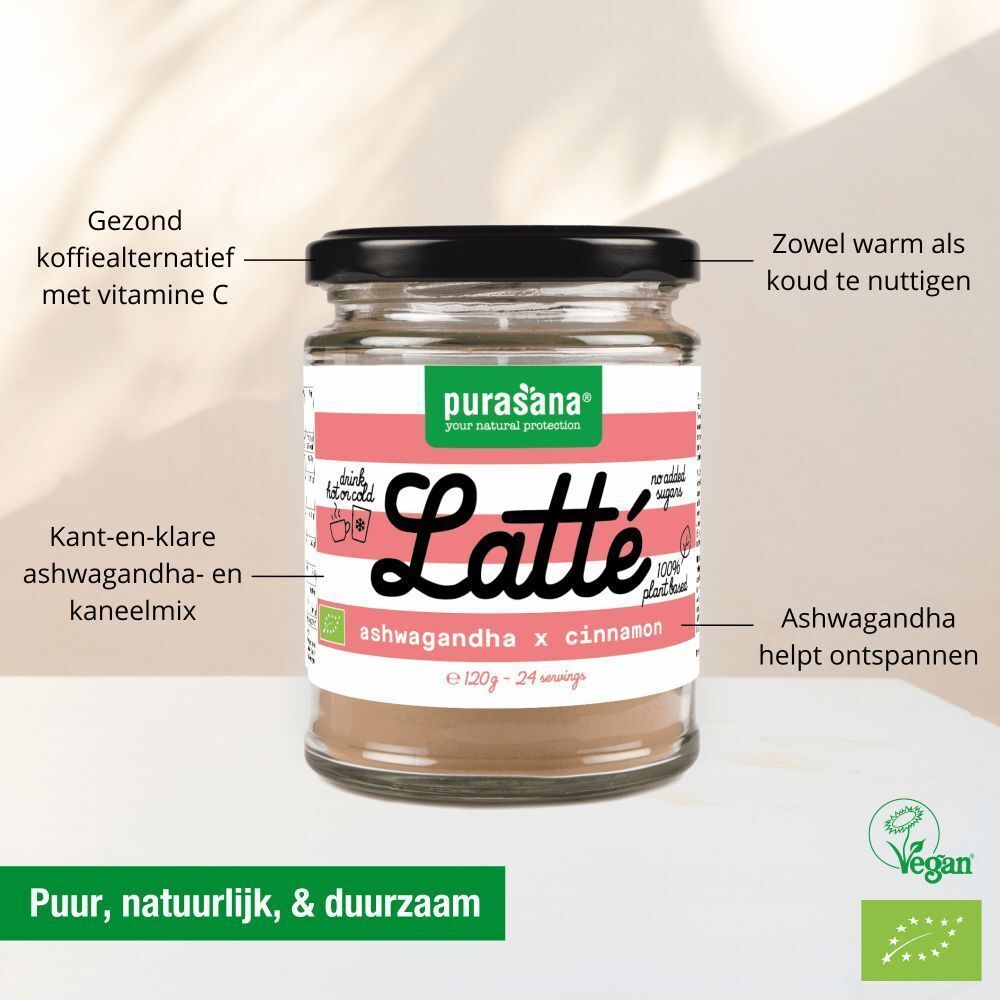 Een pot Purasana® Latté Ashwagandha x Cannelle Bio poeder met etiket.