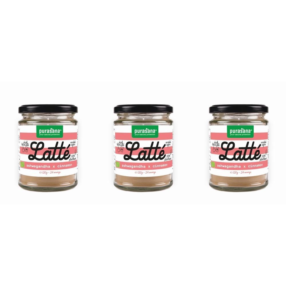 Trois pots de Purasana® Latté Ashwagandha x Cannelle Bio en poudre.