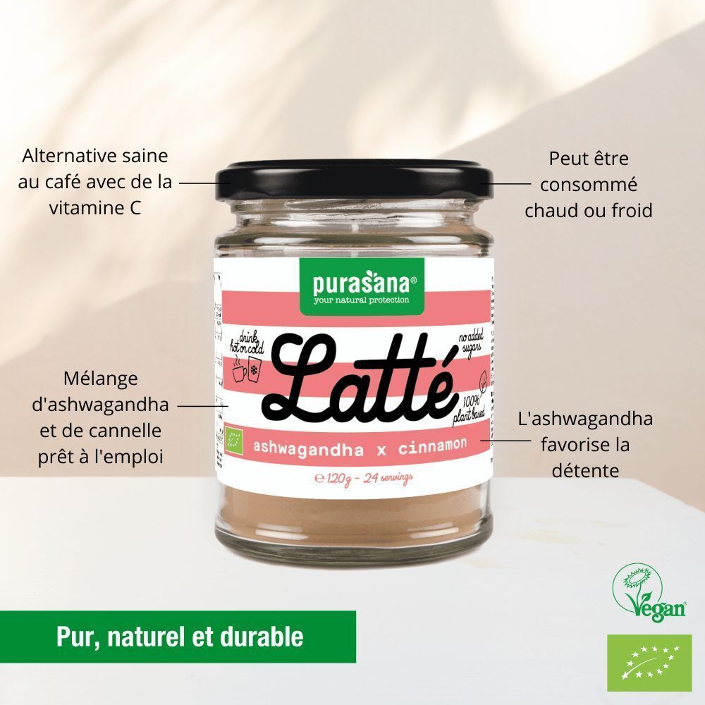 Un pot de Purasana® Latté Ashwagandha x Cannelle Bio en poudre avec étiquette.