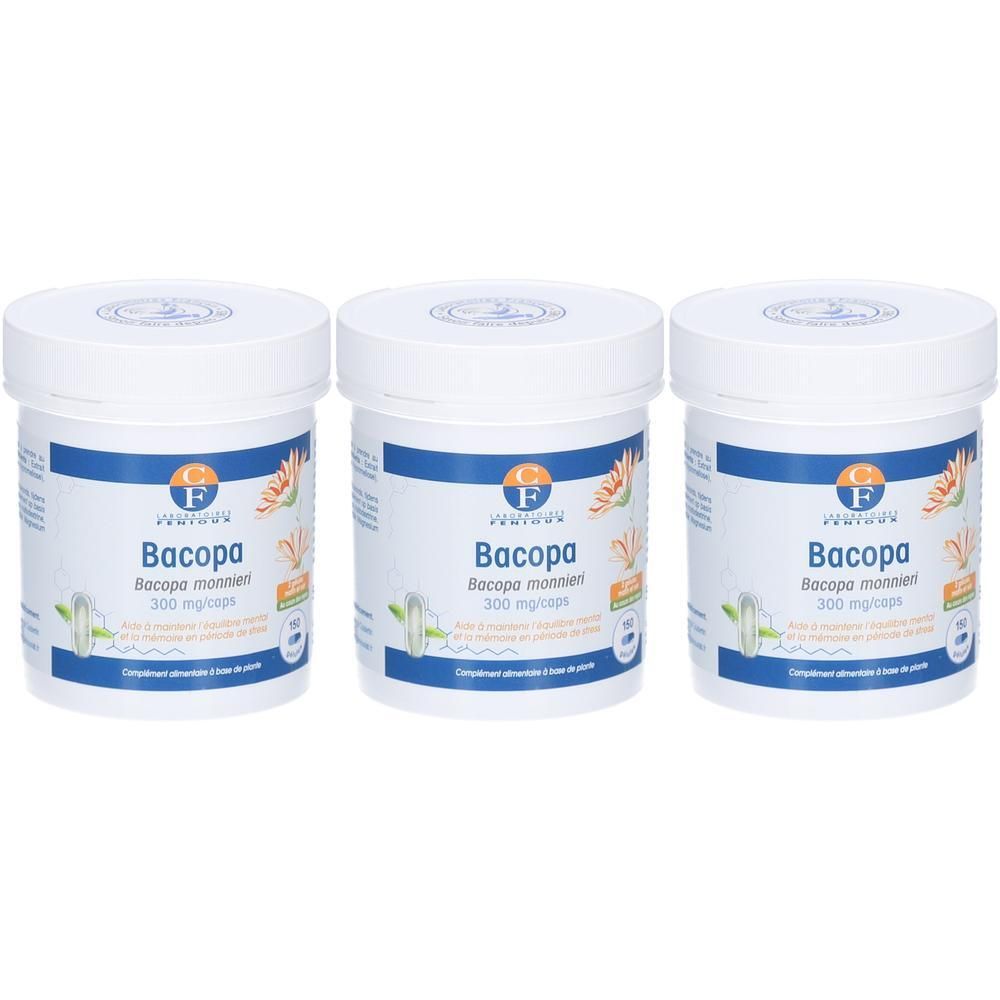Trois pots de gélules Bacopa Monnieri 300 mg. Étiquettes bleues et blanches avec illustrations de plantes.
