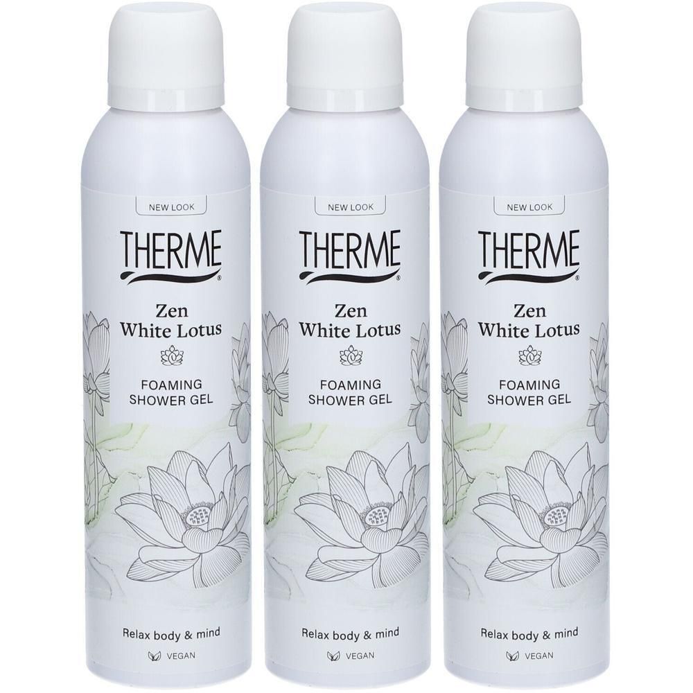 Drie witte bussen Therme Zen White Lotus Schuimende Douchegel met lotusbloem-design. "New Look" en "Vegan" zichtbaar.
