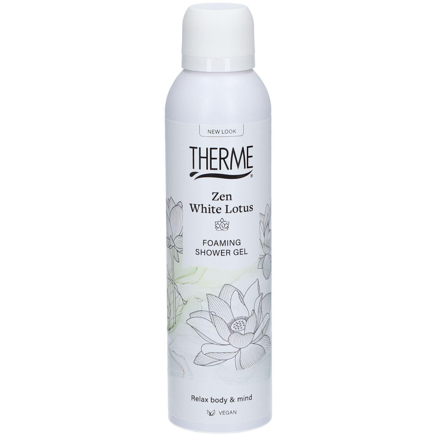 Bouteille blanche de gel douche moussant Therme Zen White Lotus. Motif fleur de lotus.