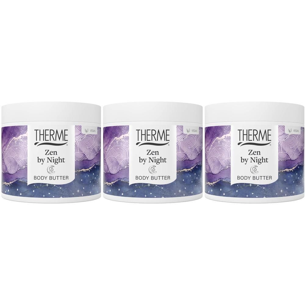 Trois pots de Beurre Corporel Therme Zen by Night, design violet et bleu.