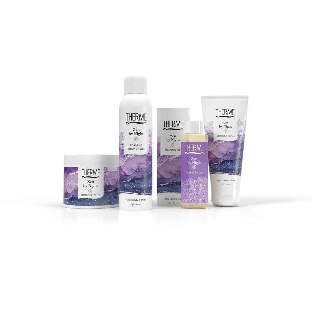 Vijf Therme Zen by Night producten, waaronder body butter en olie.