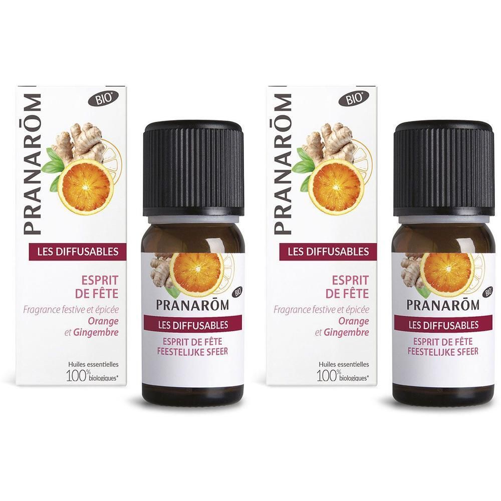 Deux flacons Pranarôm Les Diffusables Esprit de Fête Bio avec illustration orange et gingembre.