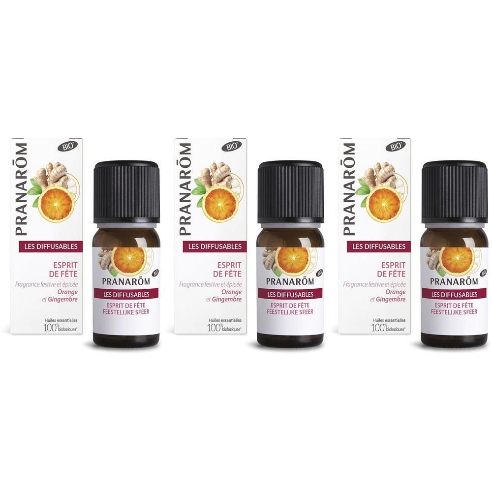 Trois flacons Pranarôm Esprit de Fête Bio, parfum Orange et Gingembre.