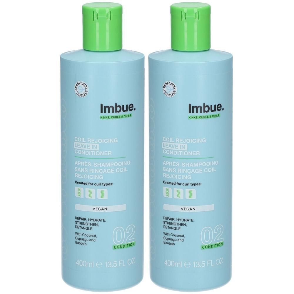 Deux bouteilles de Imbue Coil Rejoicing Leave-In Conditioner, bleu clair avec bouchons verts. 400ml.