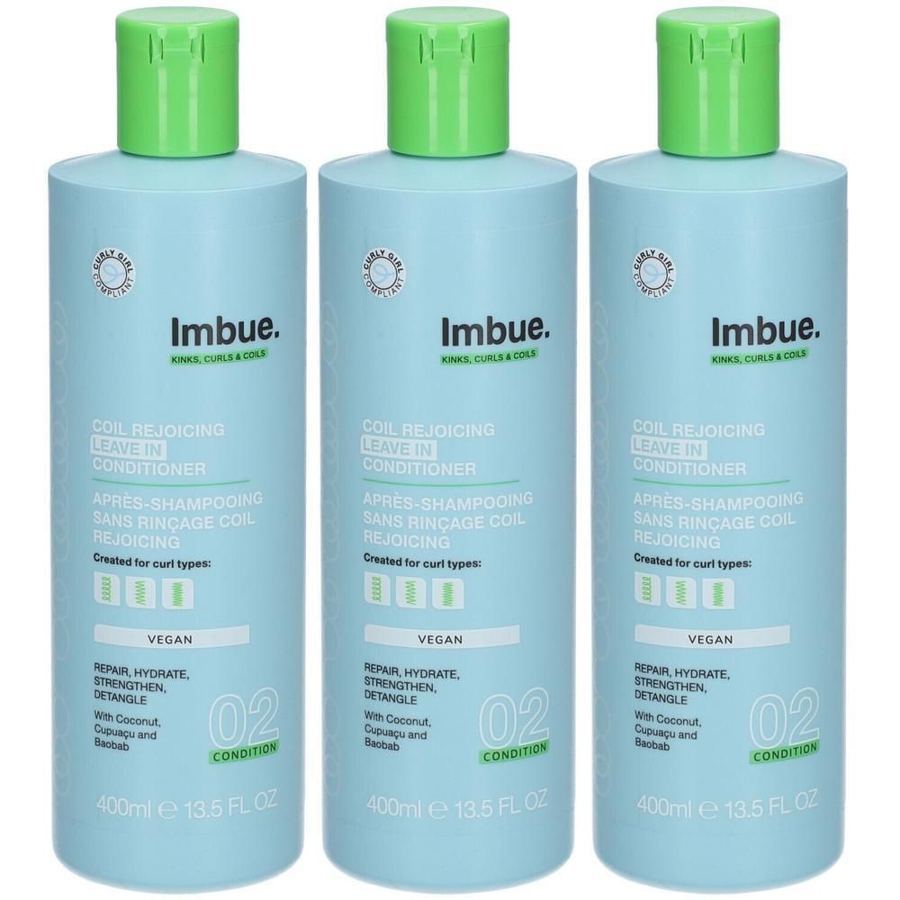 Trois bouteilles bleu clair de Imbue Coil Rejoicing Leave-In Conditioner avec bouchons verts.
