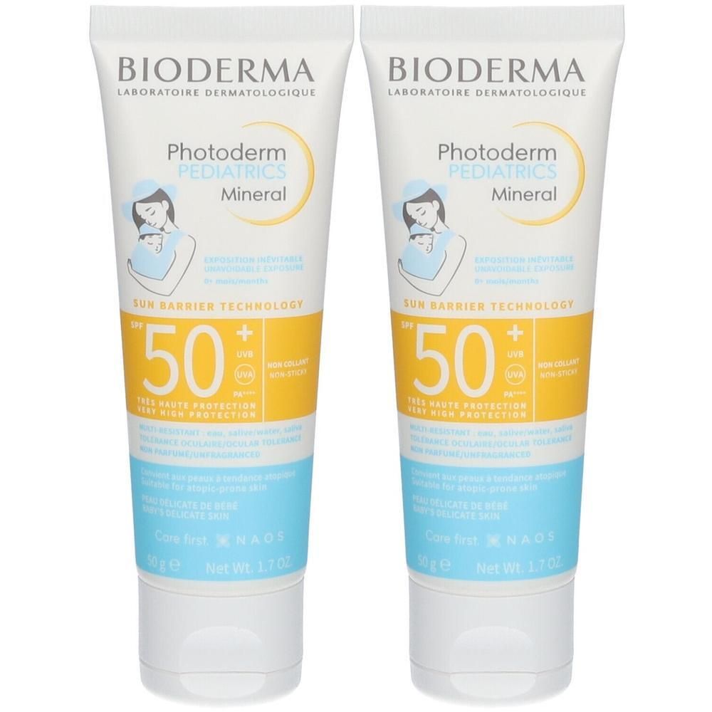 Deux tubes de crème solaire minérale Bioderma Photoderm Pediatrics SPF50+ haute protection pour enfants.