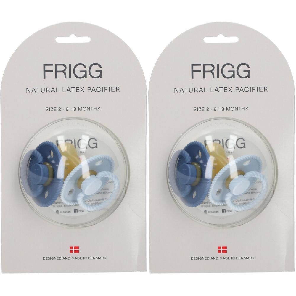 Deux sucettes FRIGG en latex bleu et bleu clair, taille 2 (6-18 mois), en emballage blister.