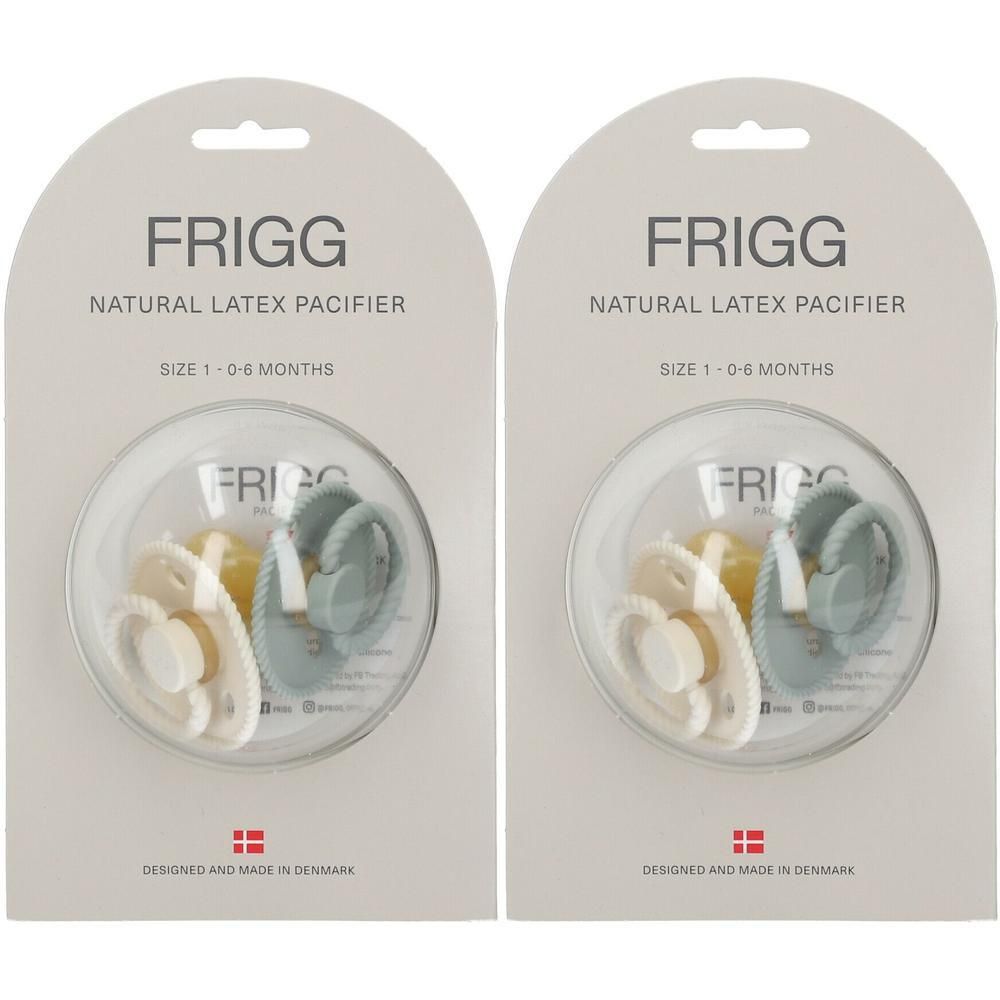 Twee FRIGG natuurrubber spenen, maat 1 (0-6 maanden), in crème en saliegroen.