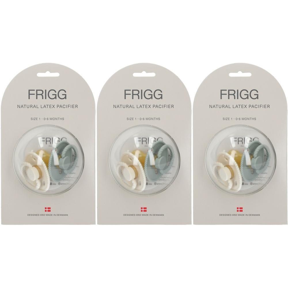 Trois sucettes FRIGG crème, jaune et gris, taille 1 (0-6 mois), en emballages individuels.