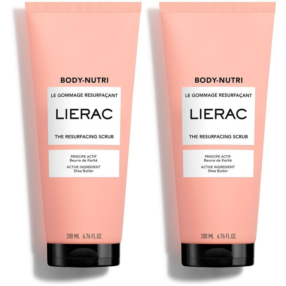 Deux tubes roses Lierac Body-Nutri Le Gommage Resurfaçant, 200 ml.