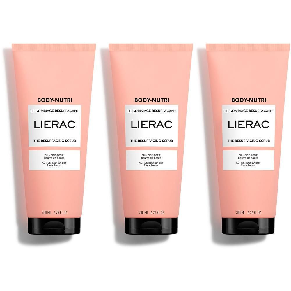 Trois tubes roses Lierac Body-Nutri Le Gommage Resurfaçant, 200 ml.