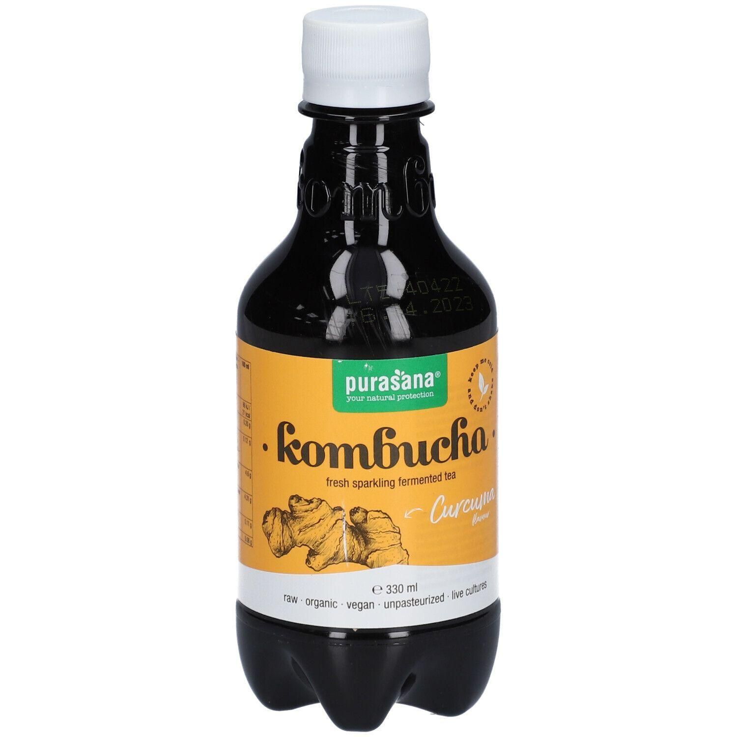 Purasana Kombucha Curcuma Flavour Drink Bio, bouteille de 330 ml.