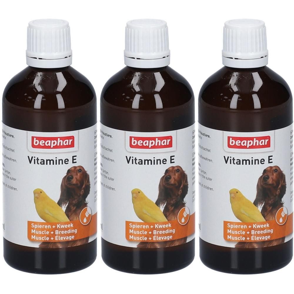 Trois bouteilles en verre brun de Beaphar Vitamine E pour animaux. Avec illustration de chien et d'oiseau.