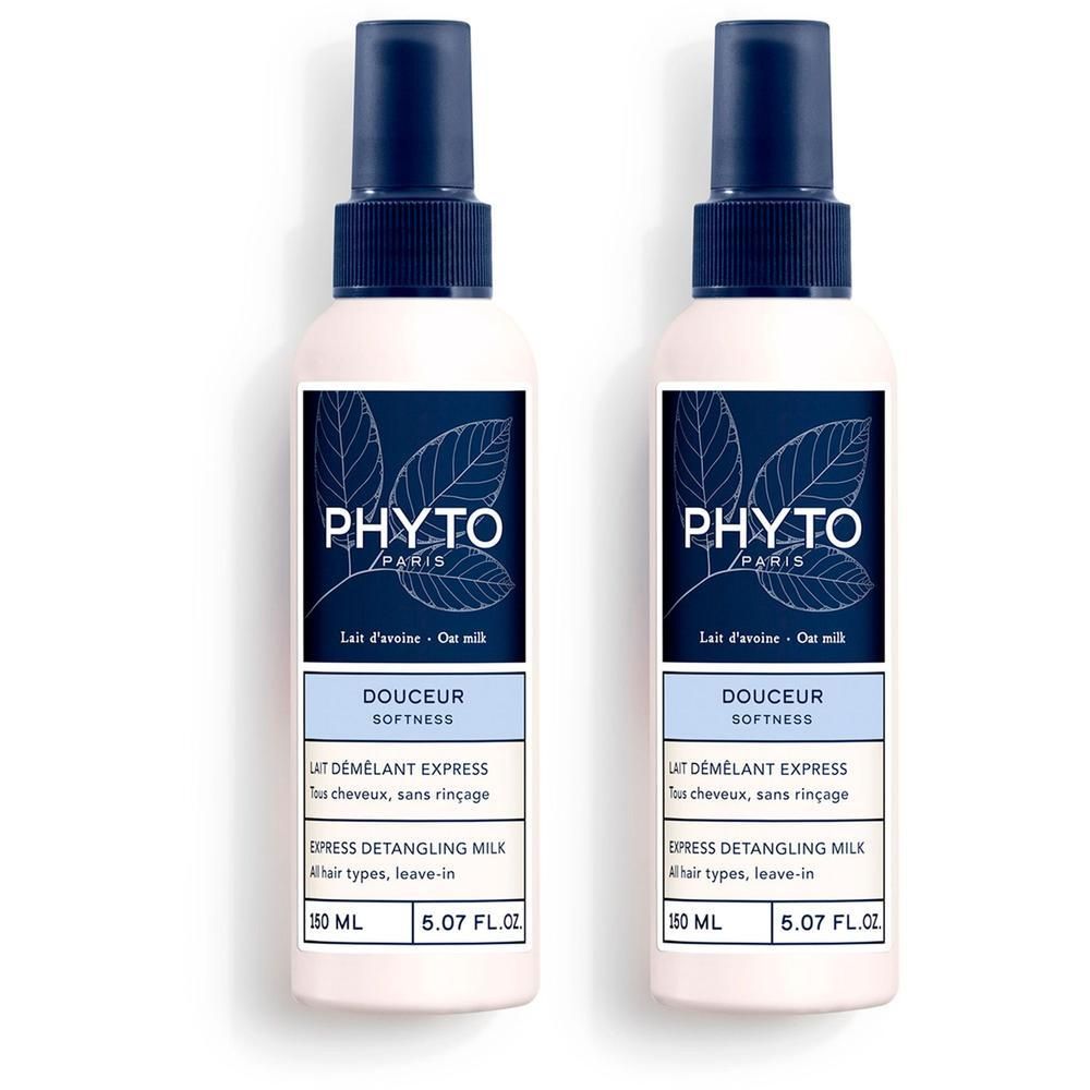 Twee flessen Phyto Douceur Lait Démêlant Express met spuitkop.