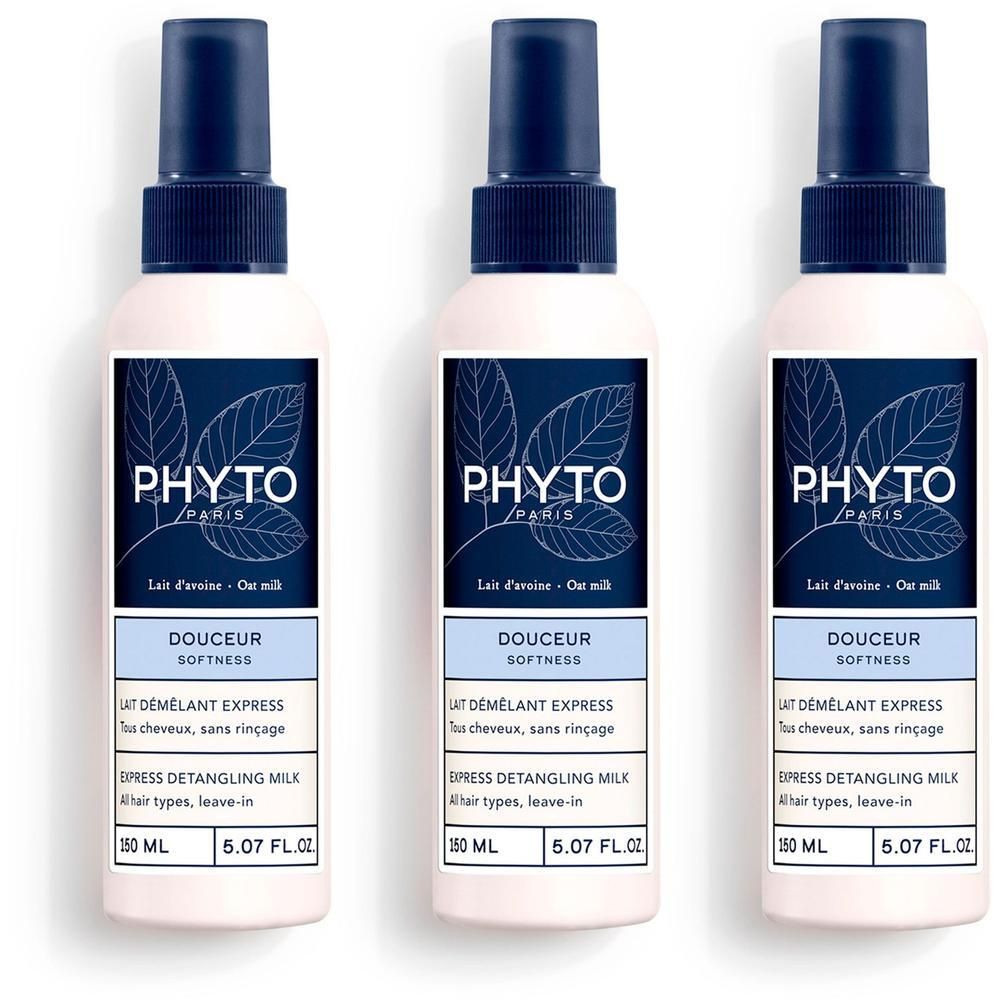 Drie Phyto Douceur Lait Démêlant Express sprayflessen, marineblauwe doppen, etiketten met bladerenpatroon.