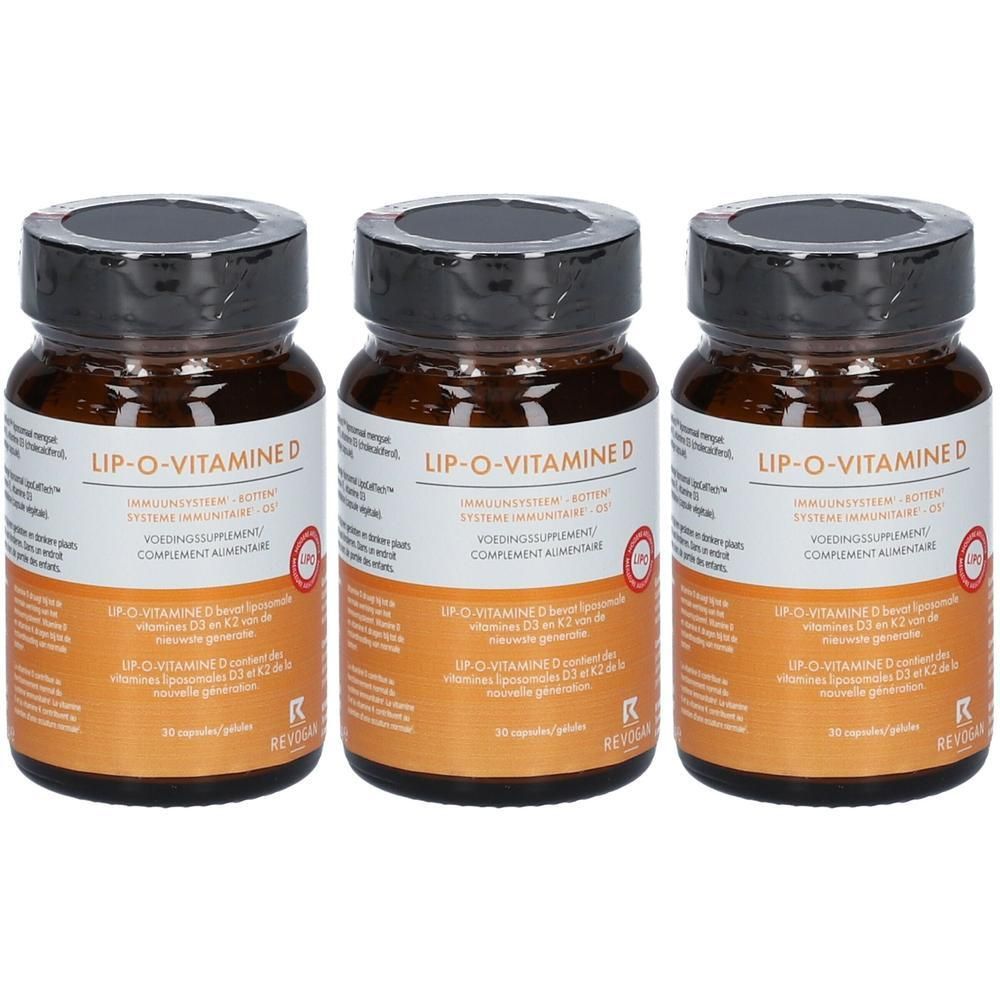 Drie flessen Revogan LIP-O-Vitamine D, 30 capsules per fles.