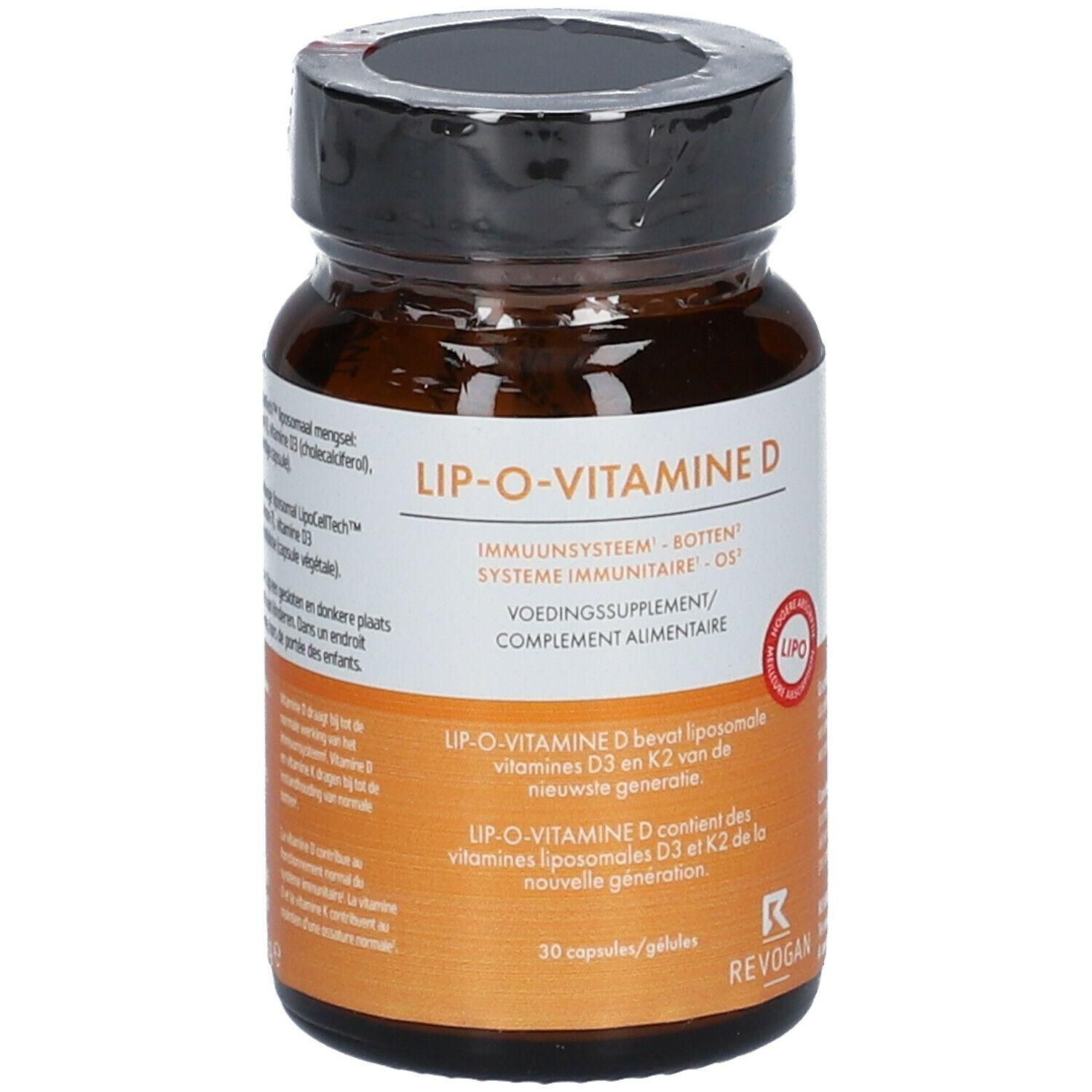 Flacon en verre brun avec bouchon noir, contient 30 capsules/gélules. Étiquette : LIP-O-VITAMINE D.