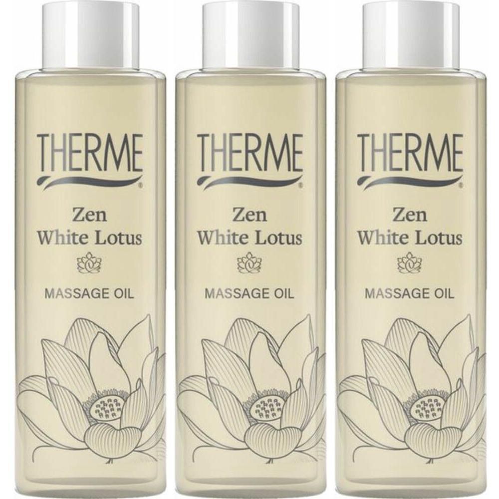 Drie flessen THERME Zen White Lotus massageolie met lotusbloem design.