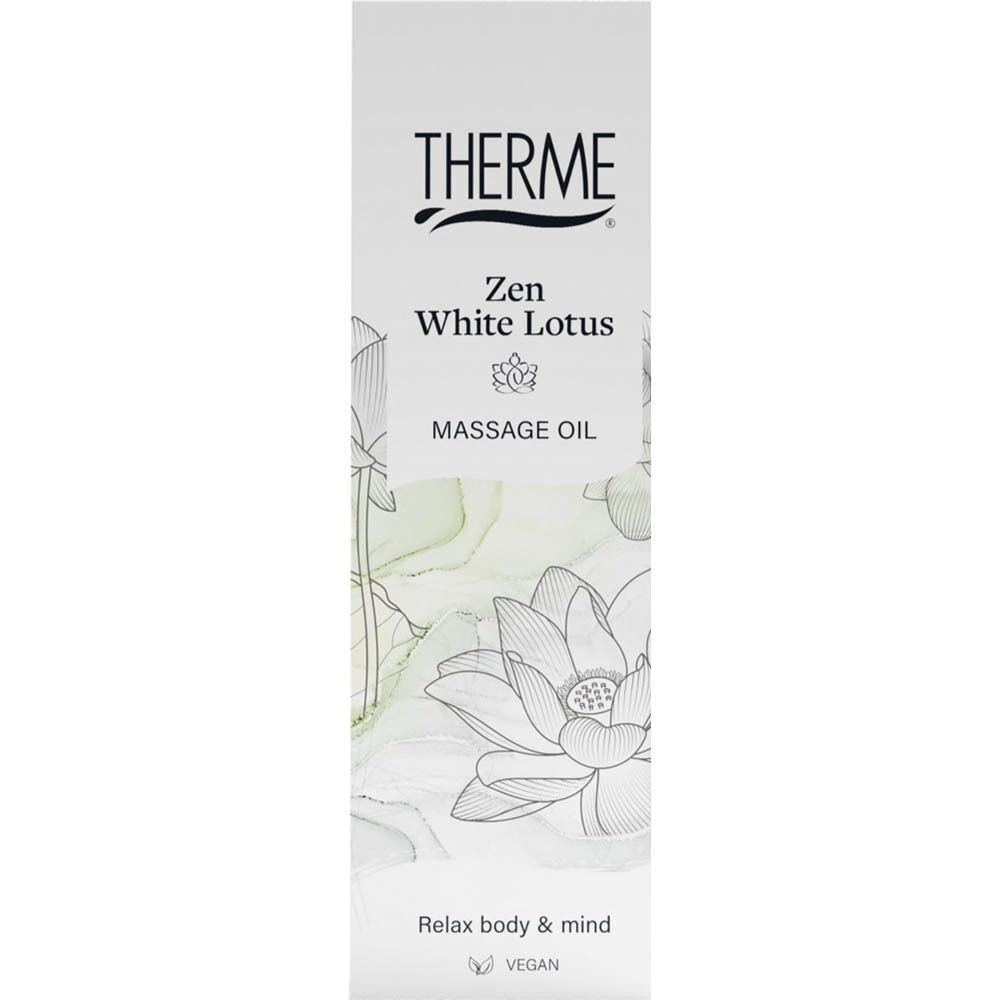 Emballage d'huile de massage THERME Zen White Lotus avec motif de fleur de lotus et texte 'Relax body & mind'.