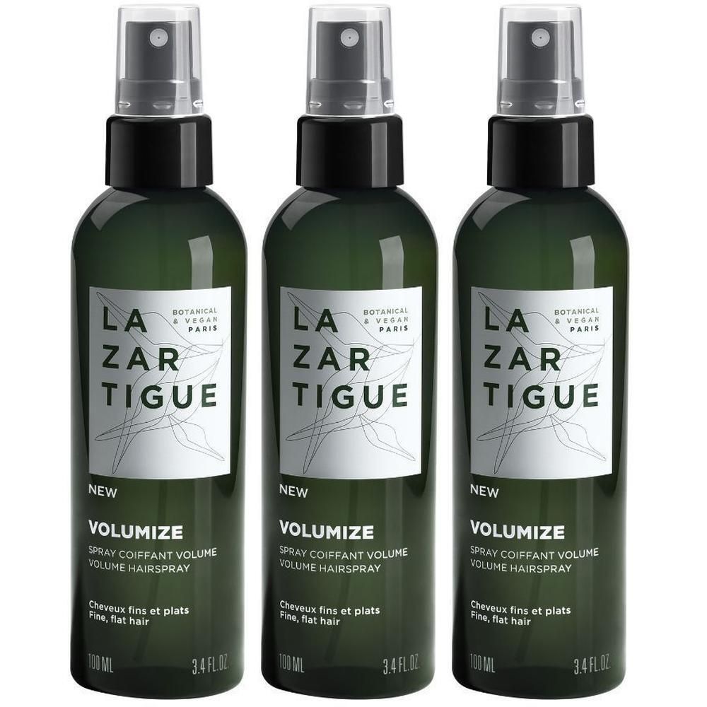 Trois flacons de spray Lazartigue Volumize pour cheveux fins, 110 ml.
