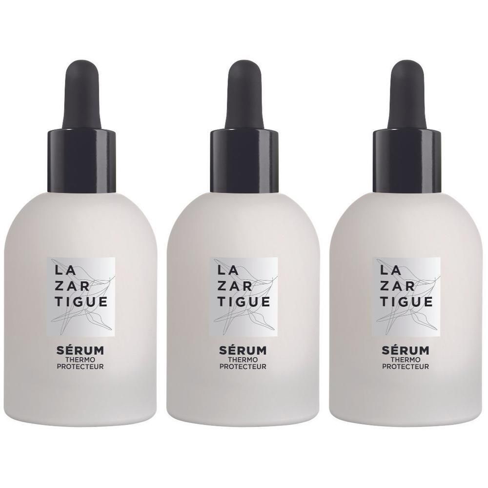 Trois flacons blancs avec compte-gouttes, étiquetés Lazartigue Sérum Thermo Protecteur.