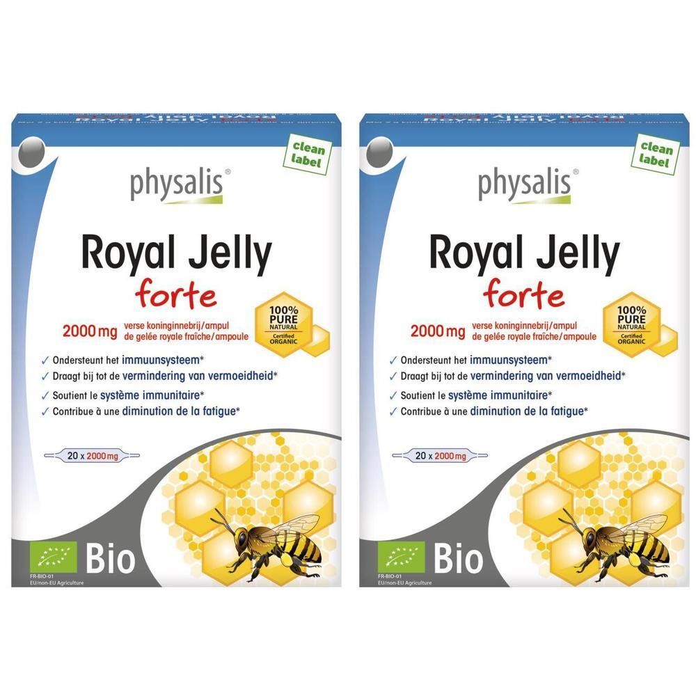 Deux paquets de Physalis Royal Jelly Forte, 20 ampoules chacun. Certifié Bio.