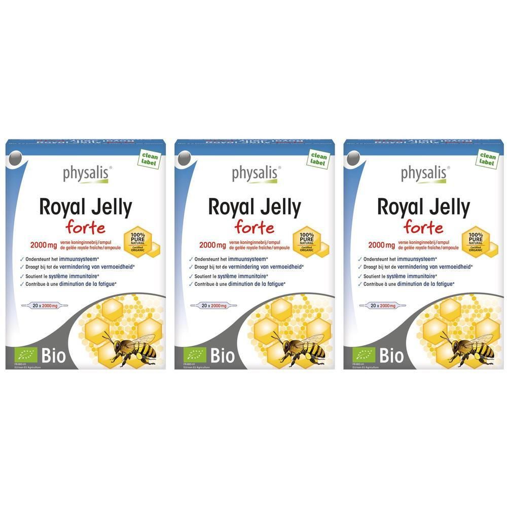Drie pakken Physalis Royal Jelly Forte met bijenafbeelding en Bio-keurmerk.