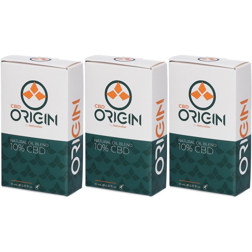 Trois boîtes de NaturaSor CBD Origin Natural Oil Blend 10% CBD.
