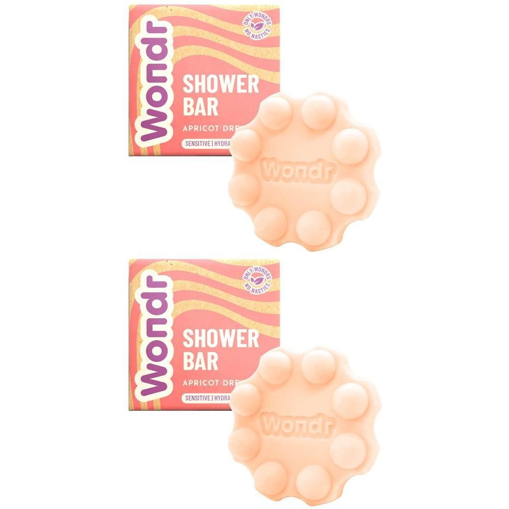 Deux barres de douche Wondr parfum pêche abricot, emballées et individuelles.