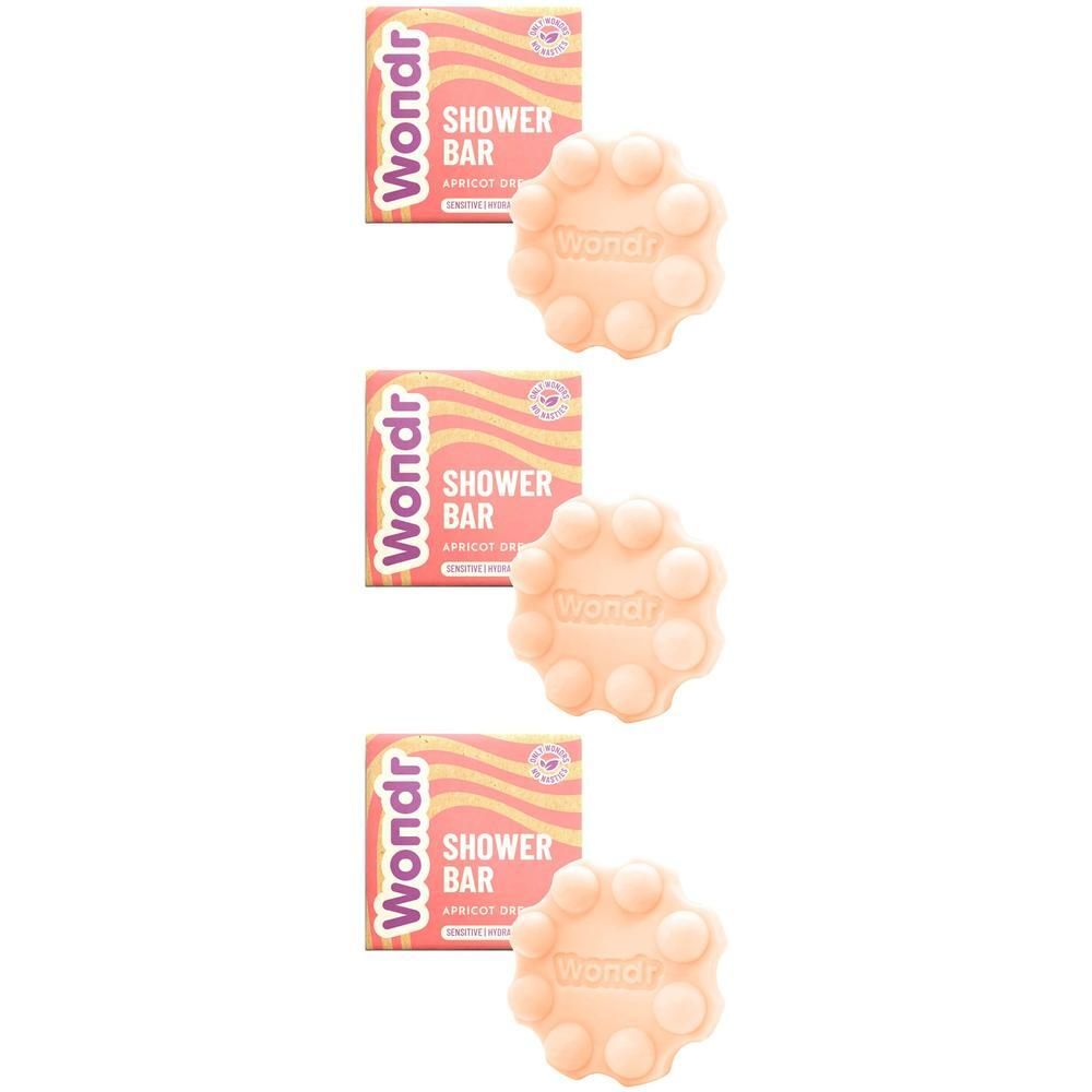 Drie Wondr doucheblokken met abrikoosgeur, bloemvormig met nopjes.