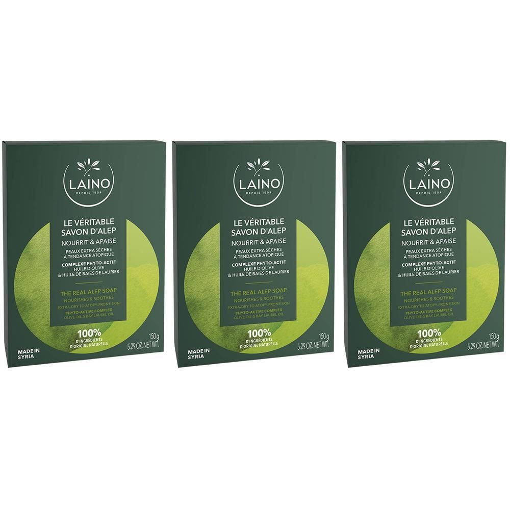 Trois paquets de Laino Le véritable savon d’Alep, 100g, aux huiles d'olive et de laurier.