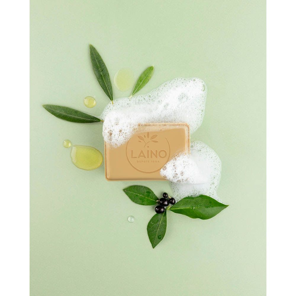 Un pain de Laino Savon d’Alep avec feuilles d'olivier, baies et mousse.