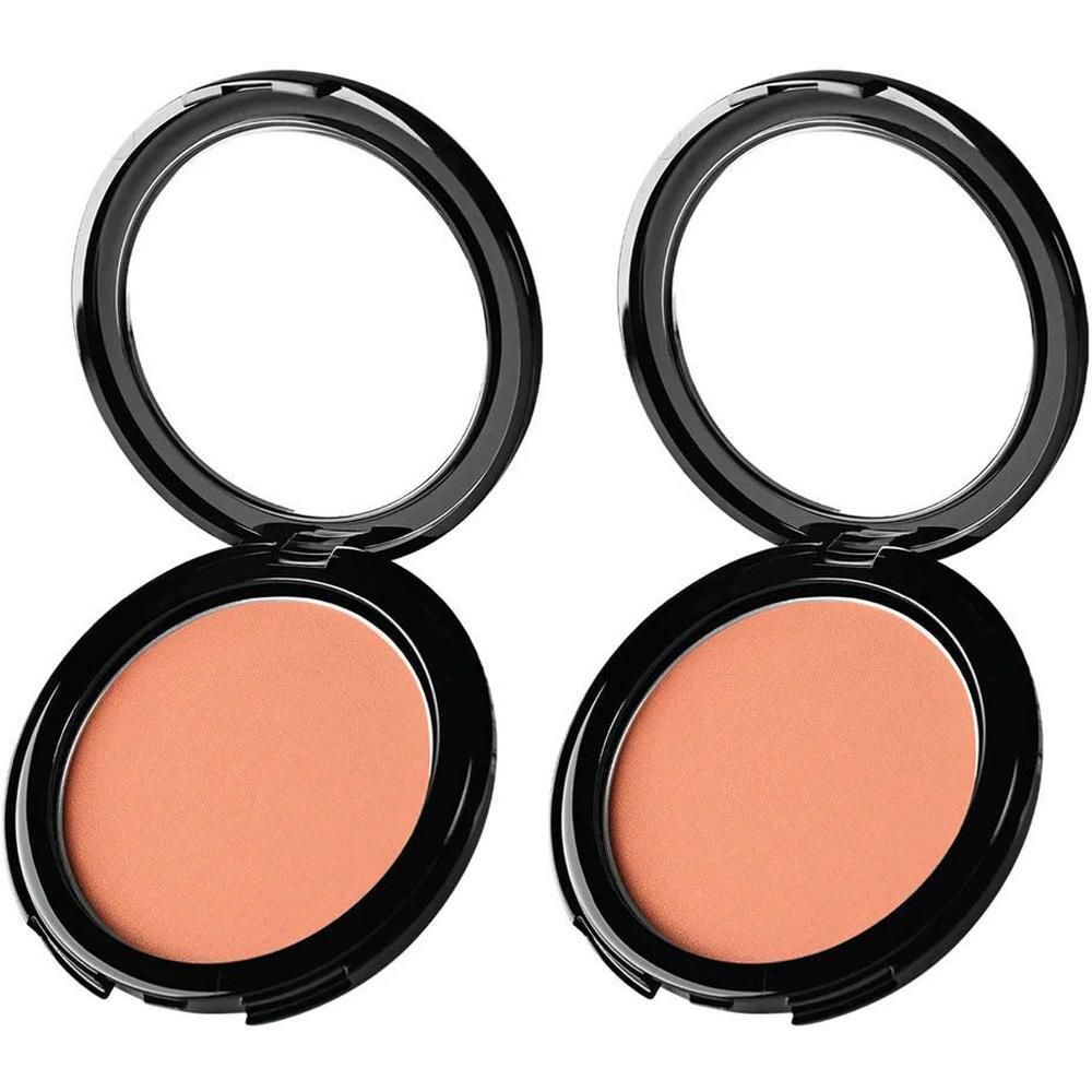 Twee open compact blush doosjes, elk met een roze poeder.