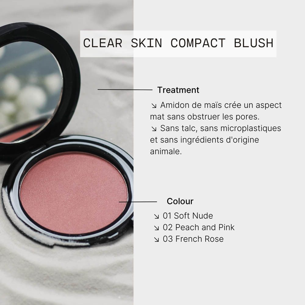 Blush compact ouvert, poudre rosée, avec informations sur le traitement et la couleur.