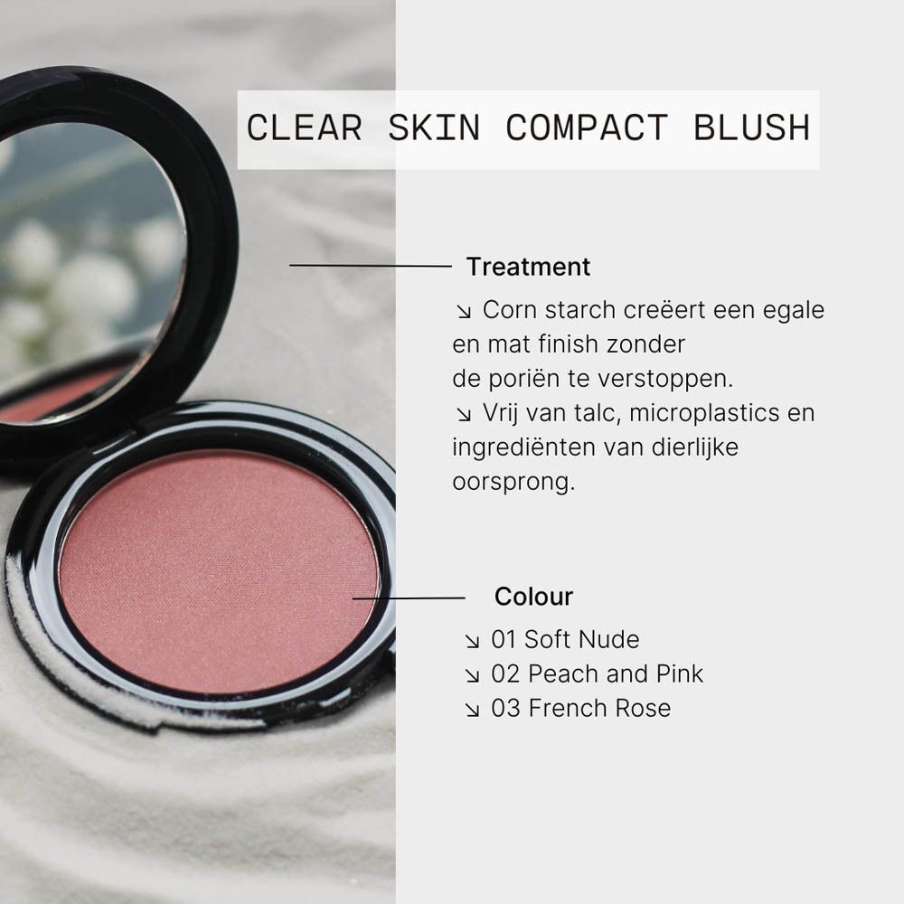 Open compact blush, roze poeder, met informatie over behandeling en kleur.