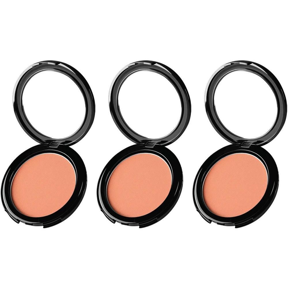Drie open compacte blush doosjes met spiegel, elk met een perzik-nude blush.