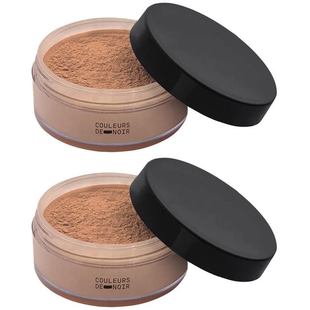 Deux pots de poudre libre teintée, teinte moyenne, avec couvercles noirs.