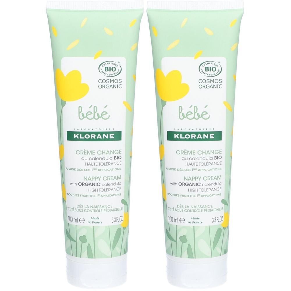Deux tubes de crème de change Klorane Bébé Calendula BIO certifiée Cosmos Organic.