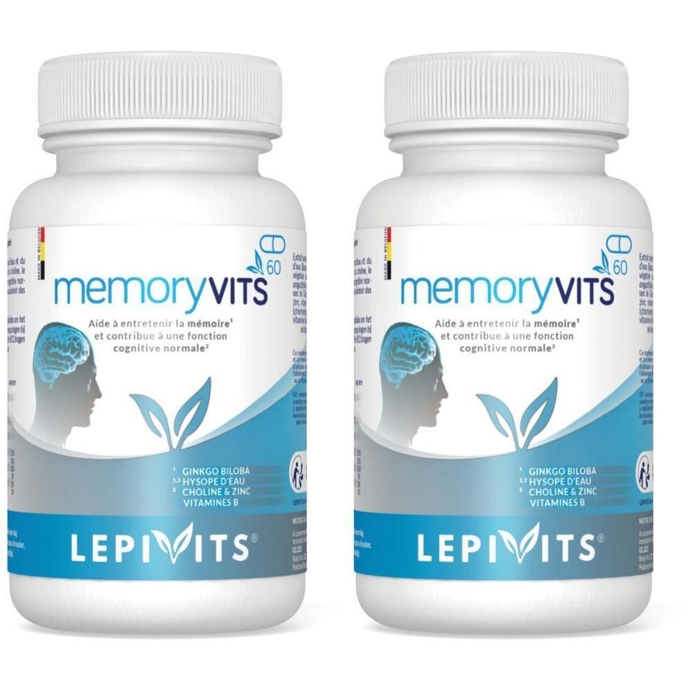 Deux flacons de MemoryVits avec Ginkgo Biloba, Hysope, Choline & Zinc, Vitamines B.