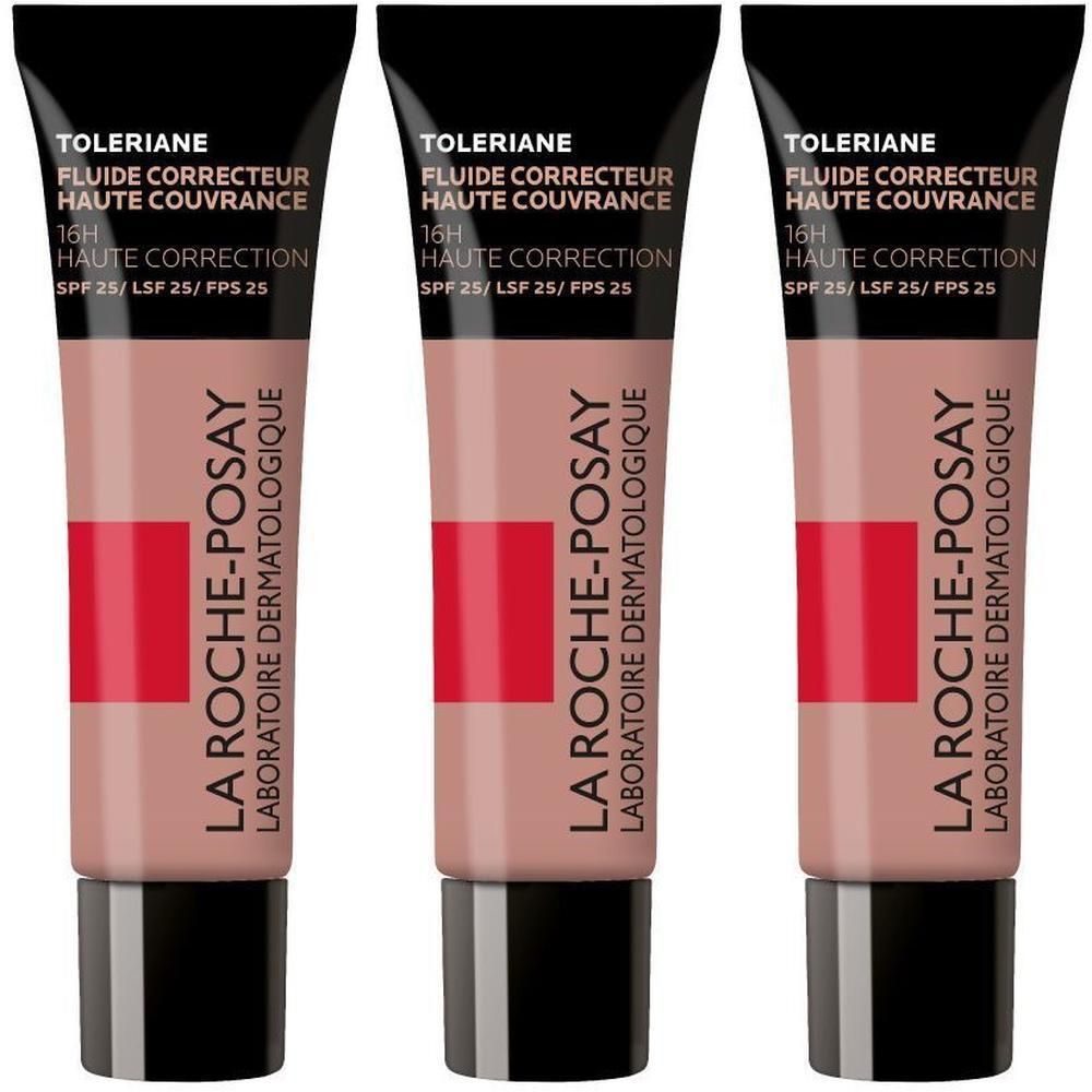Drie tubes La Roche-Posay Toleriane Fluide met SPF 25. De tubes zijn lichtroze met zwarte doppen.