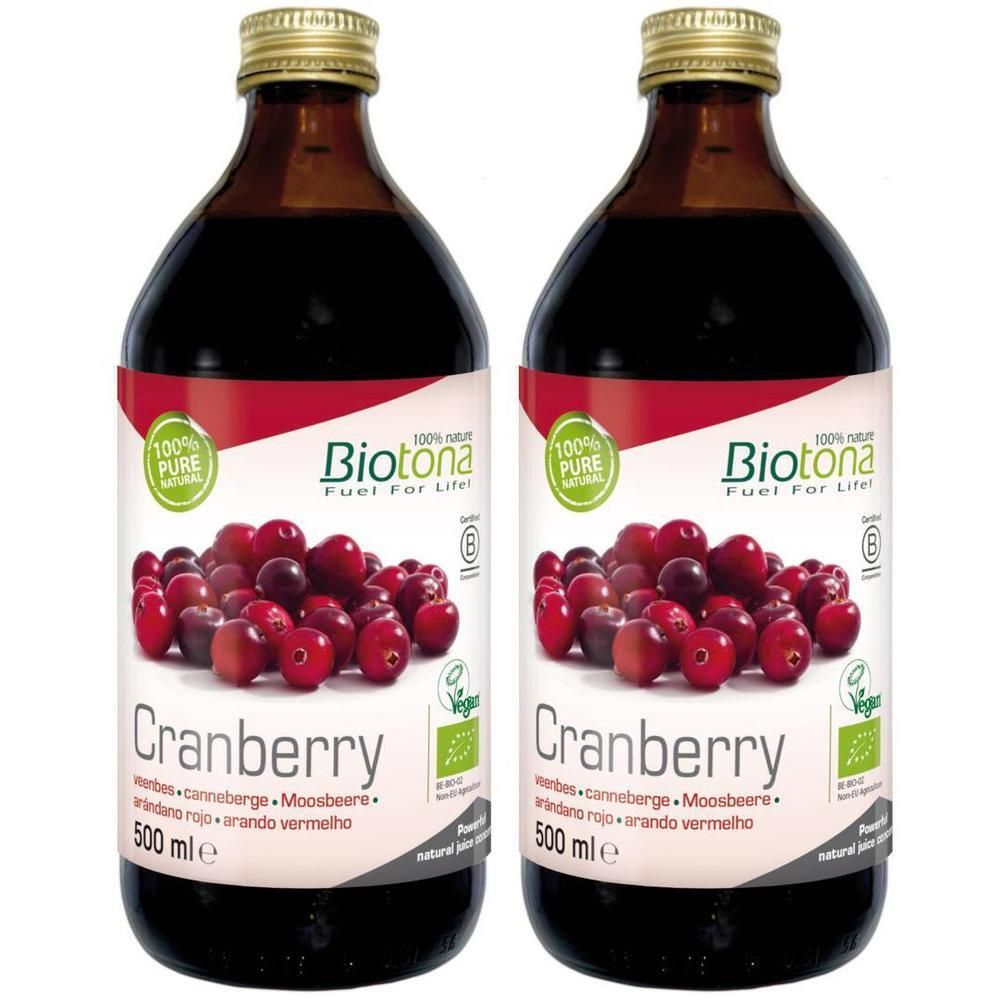 Deux bouteilles de Biotona Cranberry Bio Concentré, 500 ml chacune. Avec cranberries et label bio.