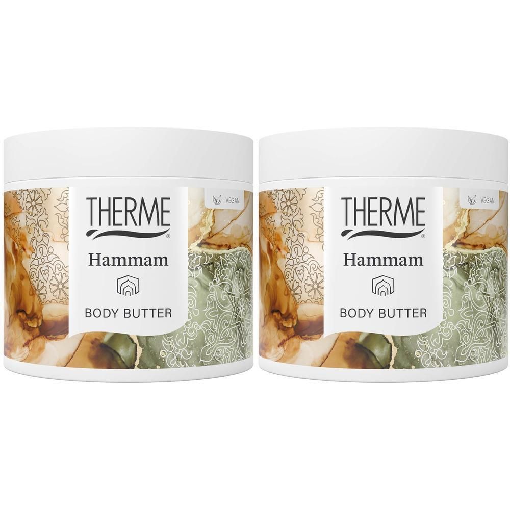 Twee potten Therme Hammam Body Butter met bloemenprint.