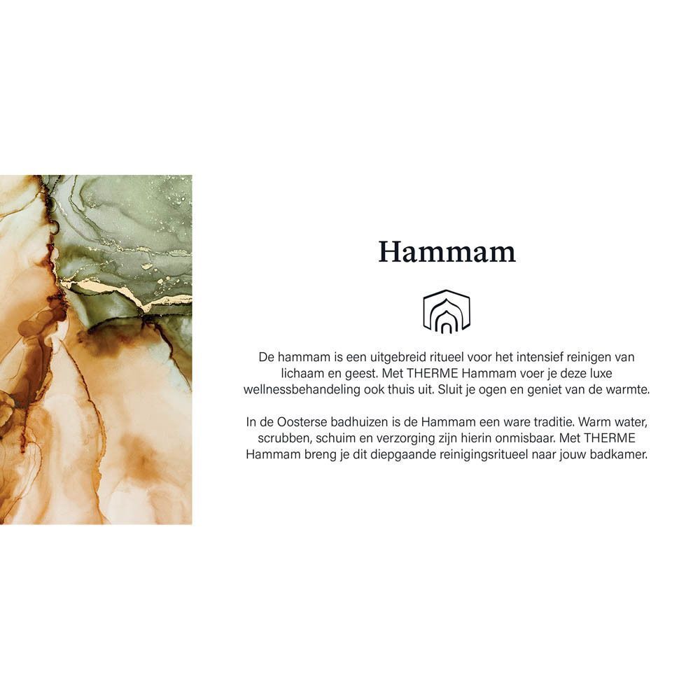 Vijf Therme Hammam producten, waaronder body butter en douchegel.
