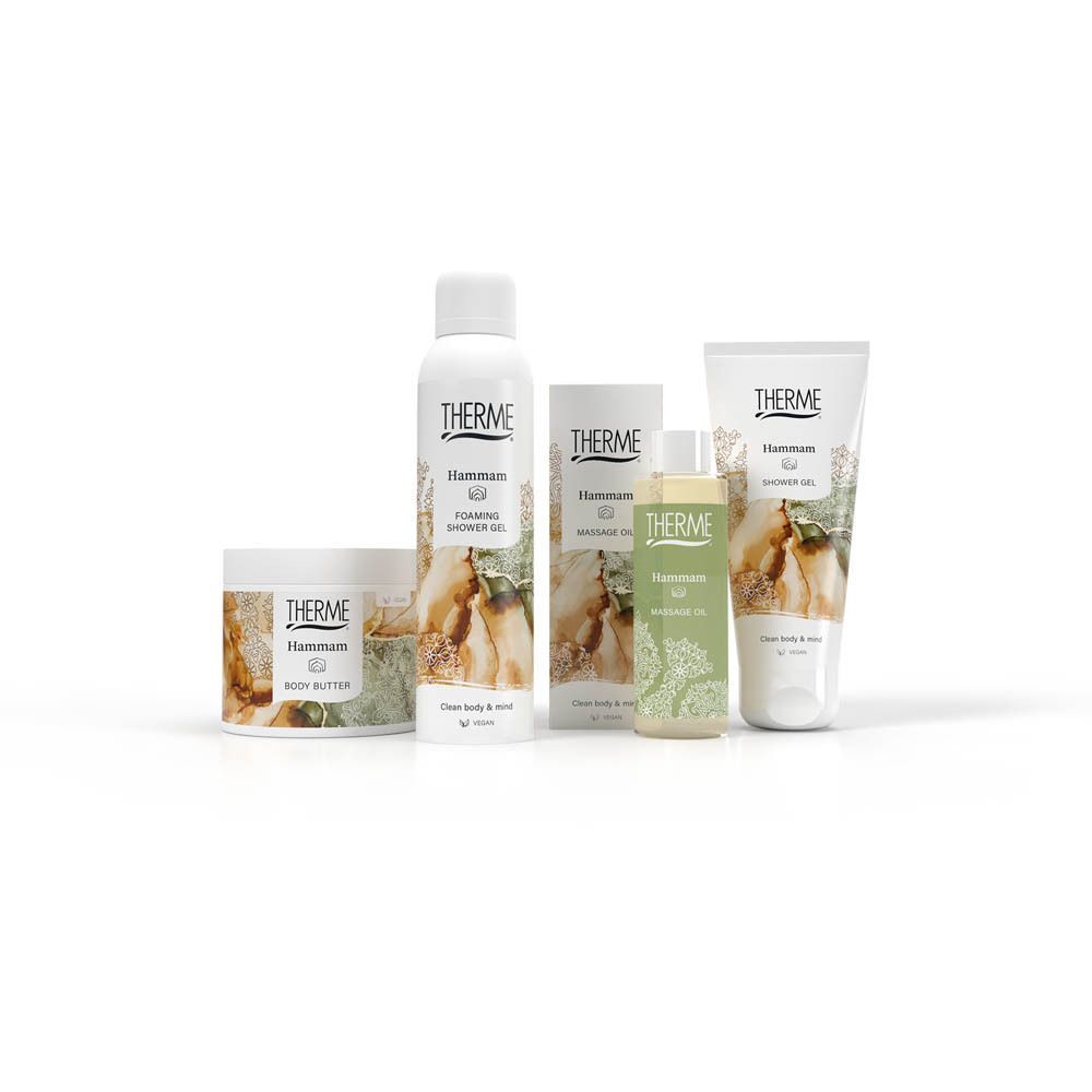 Cinq produits Therme Hammam, dont du beurre corporel et du gel douche.