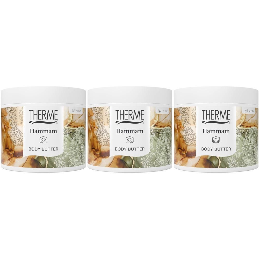 Drie potten Therme Hammam Body Butter naast elkaar.