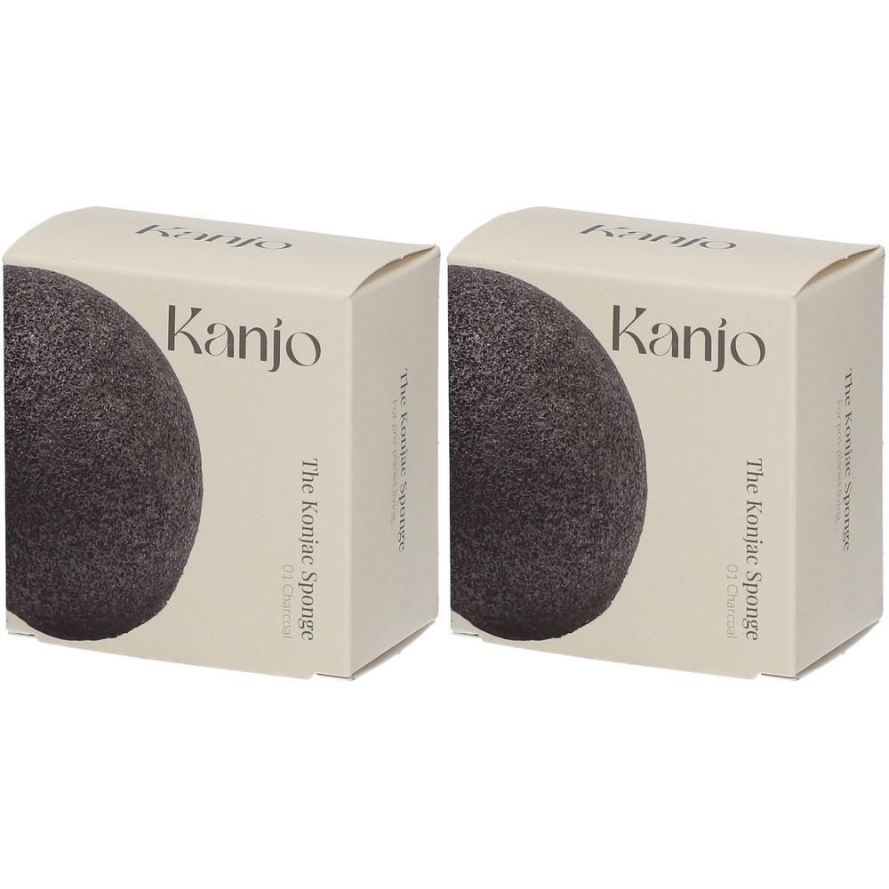 Deux éponges konjac Kanjo au charbon dans leur emballage.