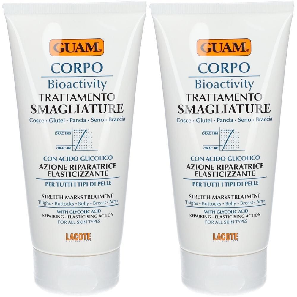 Twee witte tubes Guam Body Bioactivity Trattamento Smagliature met glycolzuur.